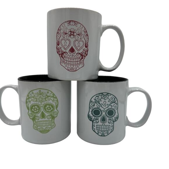 Sugar Skull Day of the Dead Mugs Set of 3, 8 oz Pink Lime Teal - Picture 1 of 6
